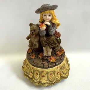 Vintage 1996 Reuge Autumn Leaves Girl Teddy Bear Fall Resin Music Box Figurine